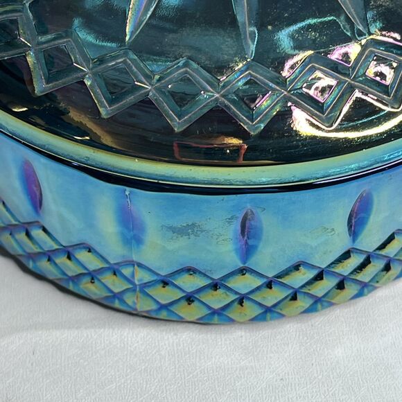 Vintage Indiana Glass Princess Blue Carnival Iridescent Candy Dish With Lids - Picture 5 of 10